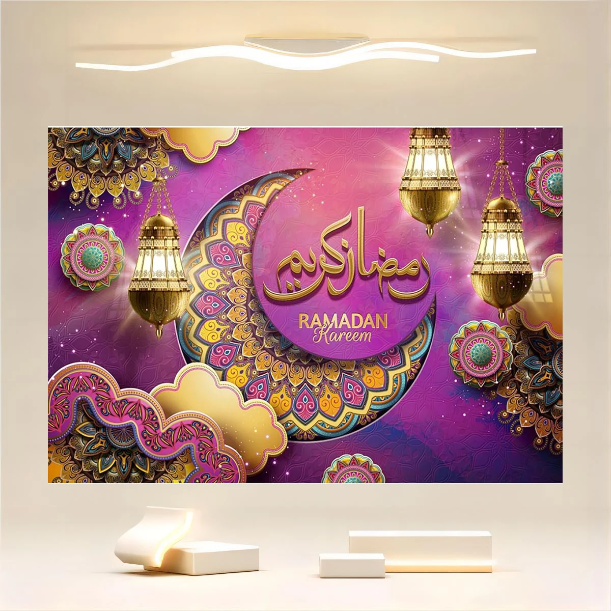 Eid Arabic Background Middle East Colorful Islamic Crescent Moon Vintage Lantern Holiday Muslim Prayer Carnival Decoration