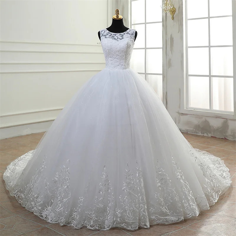 Y&M Novias O Neck Cheap Vestido De Noiva Off White Wedding Dress Train or Floor Custom Made Plus Size Bridal Tulle Mariage