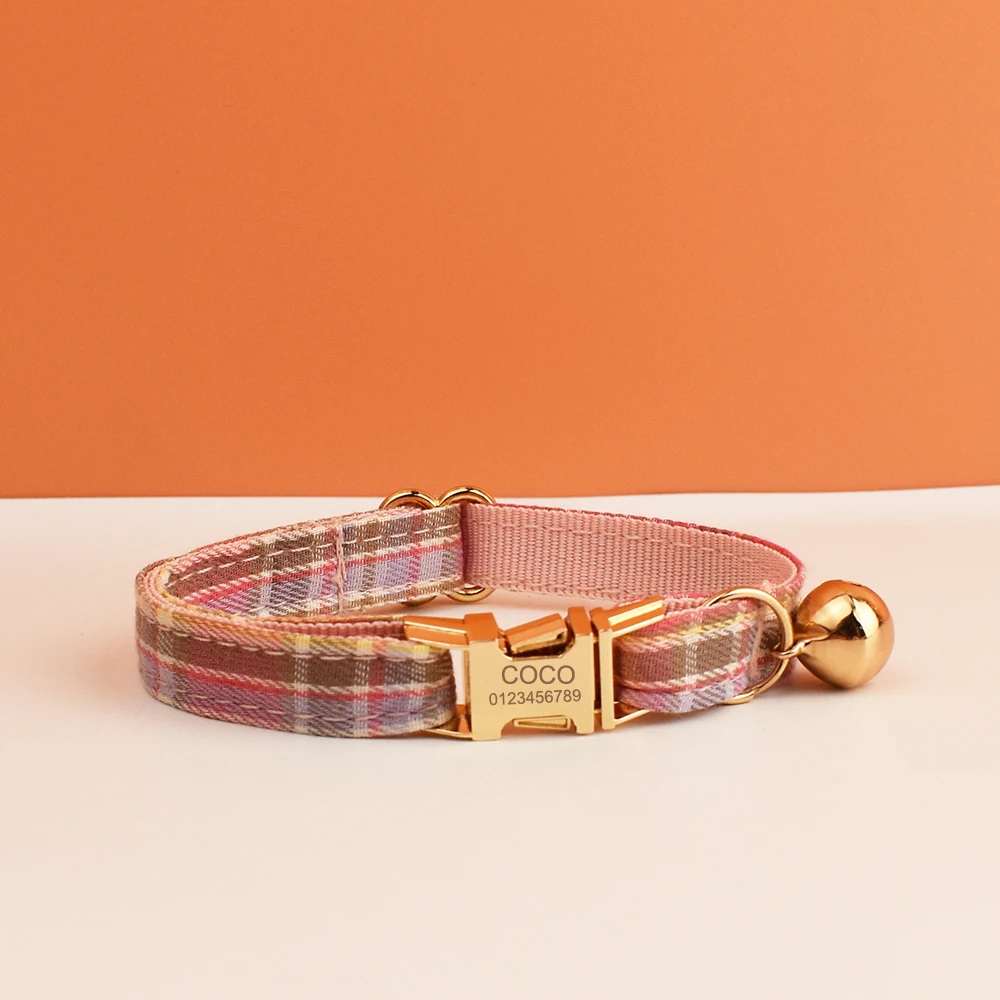 Karomuster Katzenhalsband mit Schleife Verstellbares Sicherheits-Personalisiertes Haustierhalsband mit Anpassbarem Namen Weiches Halsband – Detail 9