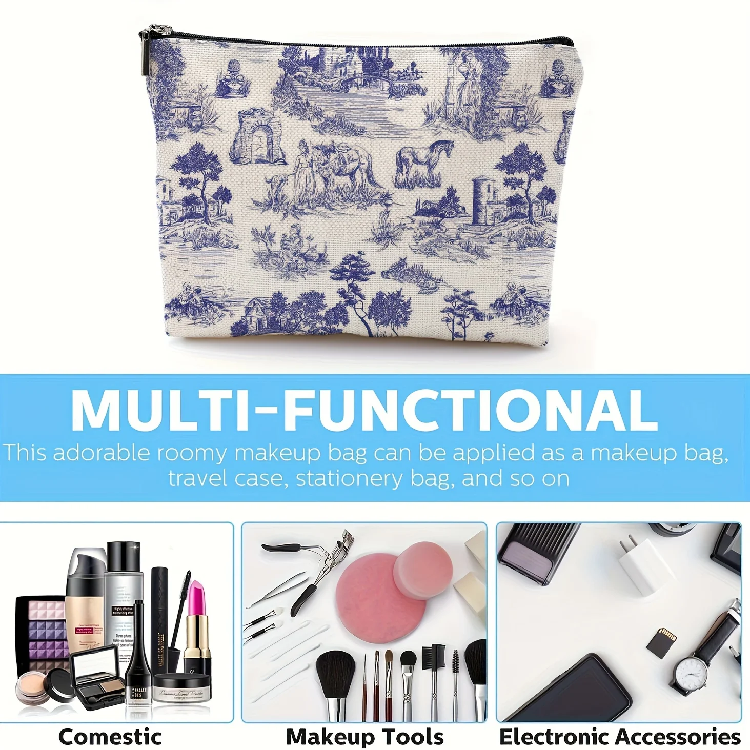 Women's Polyester Makeup Bag with Horse & Figures Pattern, Spacious Travel Cosmetic Pouch Lightweight Storage Bangs Fashion