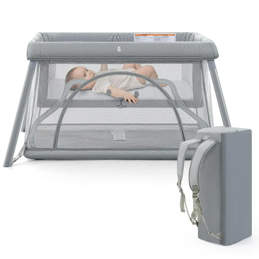 سرير سفر محمول لحزمة الأطفال واللعب للأطفال الصغار وخفيف الوزن بتصميم حقيبة ظهر قابلة للطي أثناء السفر