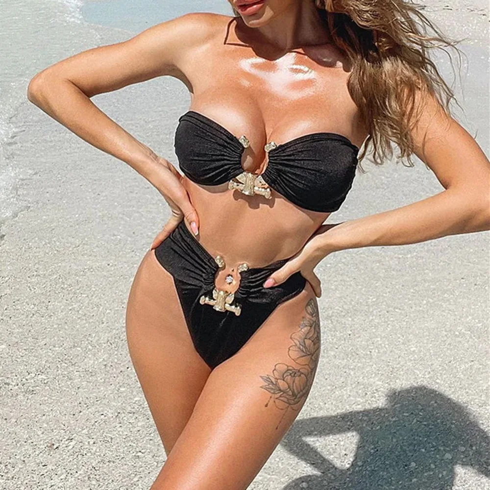 

Sexy Solid Black Bikini 2023 New Women Off Shoulder High Cut Push Up Padded Rhinestone Swimwear Brazilian Bathing Suit Swimsuit