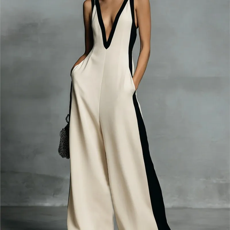 Women's Sexy Deep V Neck Wide Leg Pants Jumpsuit Spring Elegant Striped  Patchwork Jumpsuit Summer Sleeveless Zipper Jumpsuit