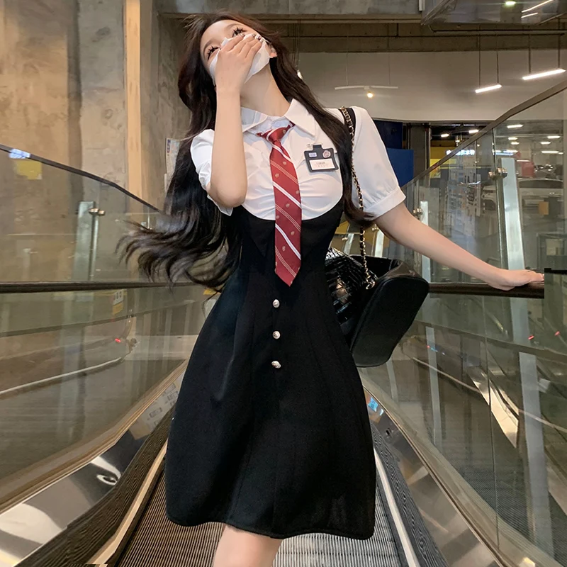 

Летнее платье больших размеров с пышной юбкой, имитирующей двухслойность, в студенческом стиле, плиссированное, скрывающее живот, элегантное