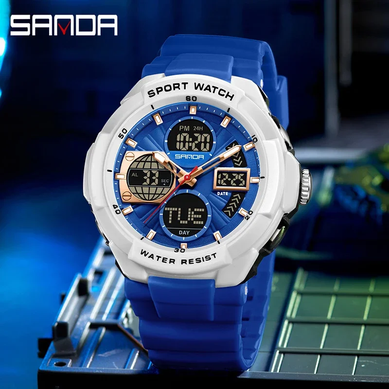 SANDA Fashion Man Sport Watch Electronic Quartz Dual Movement 5ATM Waterproof Night Light Timer Alarm Clock Youth Digital Watch