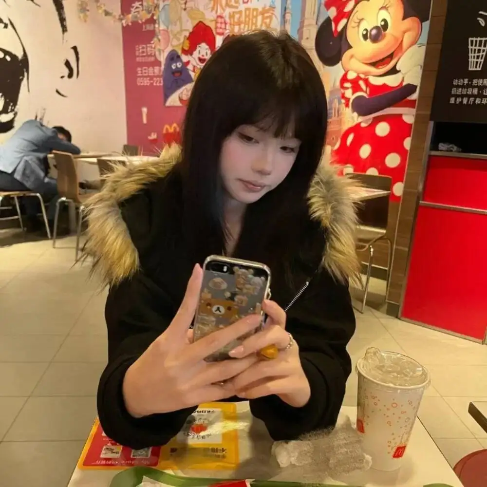 

BabYoung Haruku Y2K Goth Hip Hop American Ropa Mujer с меховым воротником, винтажный теплый утолщенный модный свободный универсальный шикарный топ с капюшоном