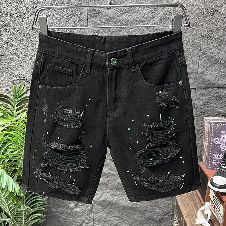 

Роскошные брендовые рваные джинсовые шорты, черные летние новые облегающие маленькие прямые неэластичные корейские модные дизайнерские полубрюки