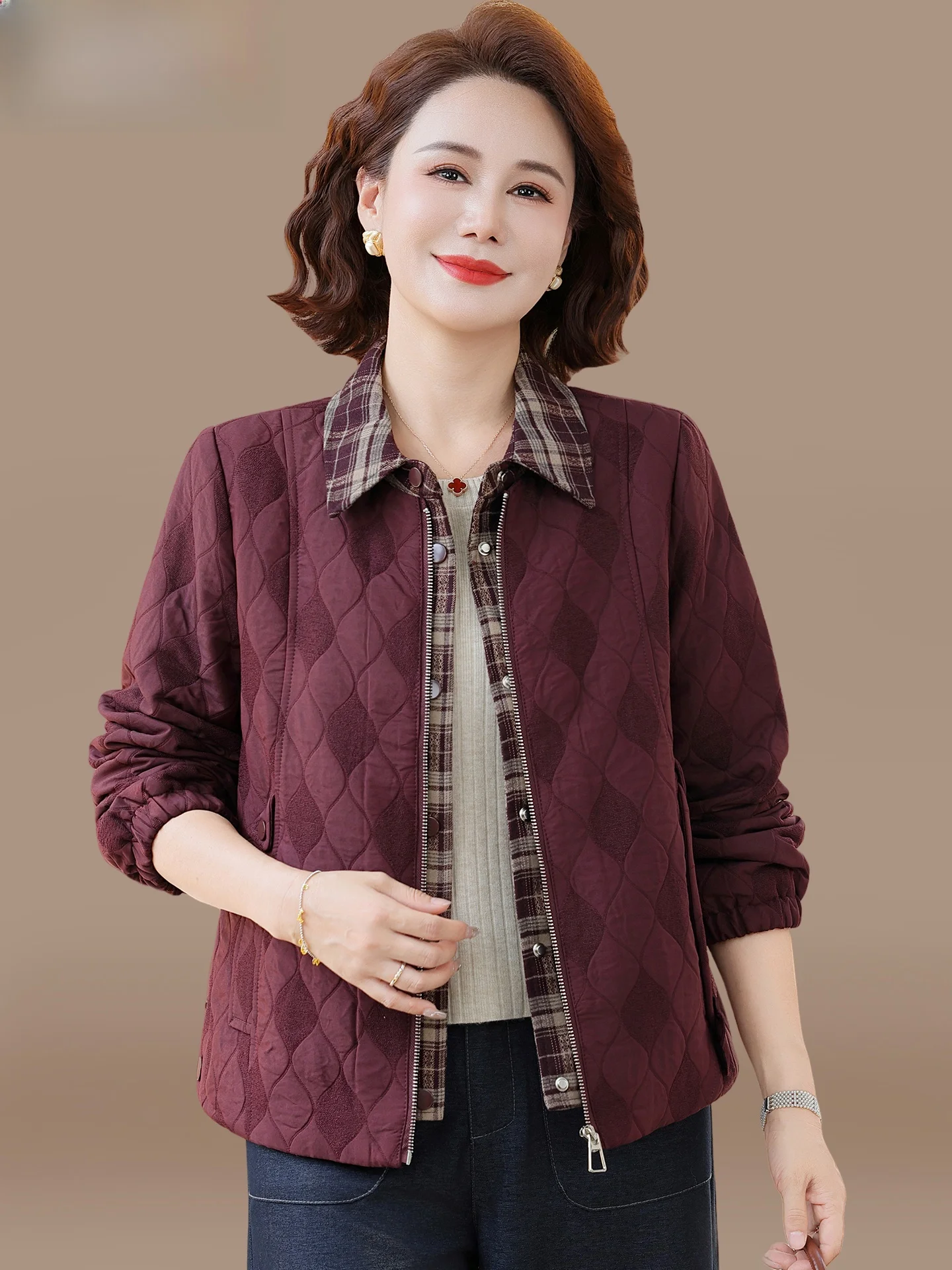 

Faionable Autumn Jaet Loose Fit Mid-aged Women's Cotton Lined Coat Ele Lady's Wear Comfortable Breathable Polyester