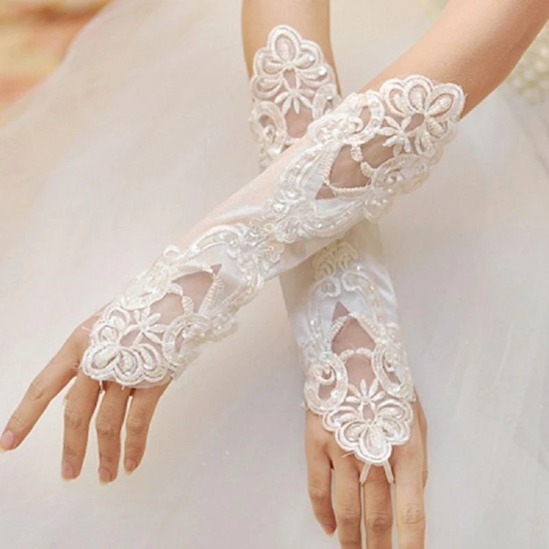 

Women Long Lace Gloves Elegant Princess Formal Sequins Fingerless Mitten for Wedding Dinner Party Pageant Costume