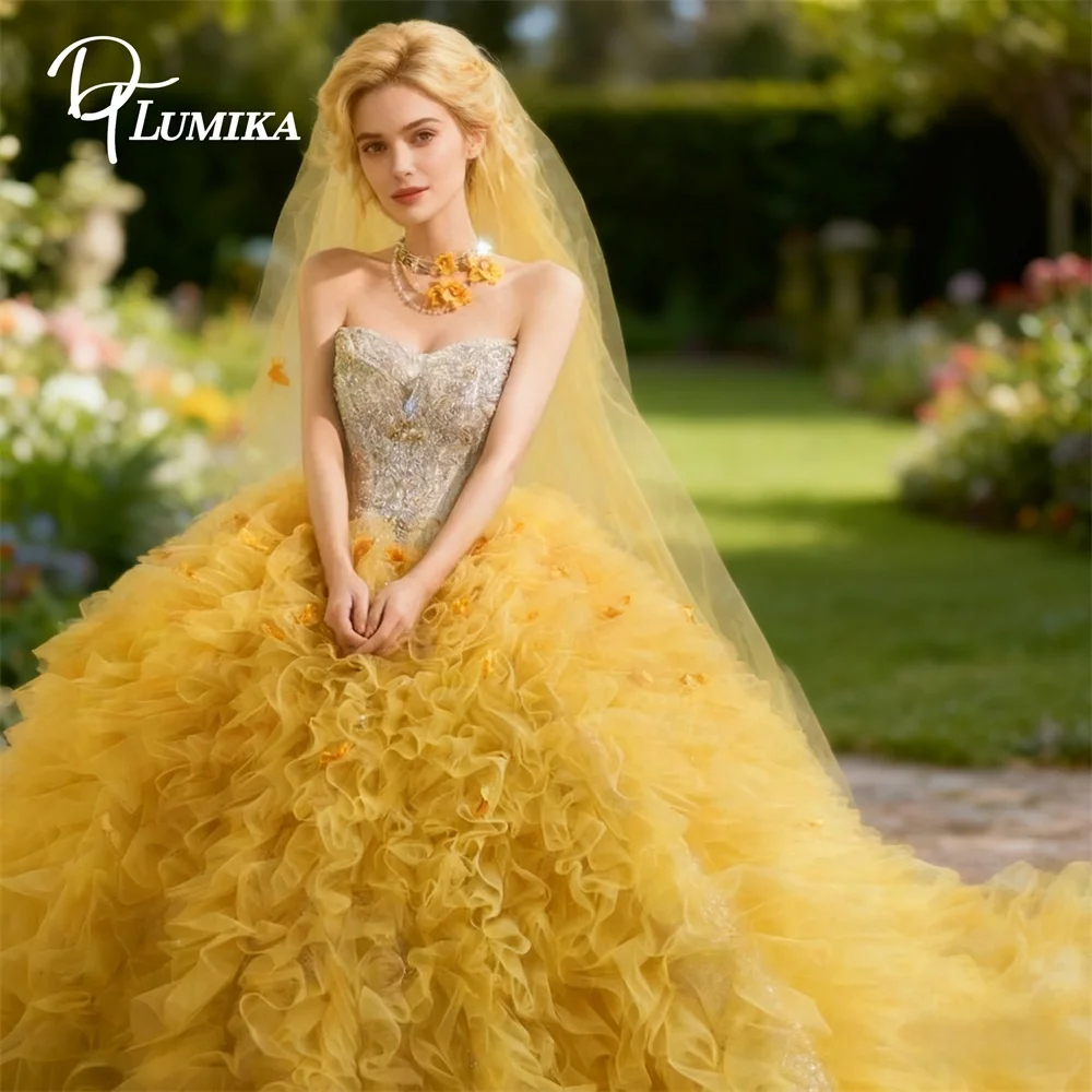 DTLumika Ruched Ball Gown Party Drss for Women, Sequined Stralpless Photoshoot Dresses, Wedding Party Gown Yellow Prom Dress