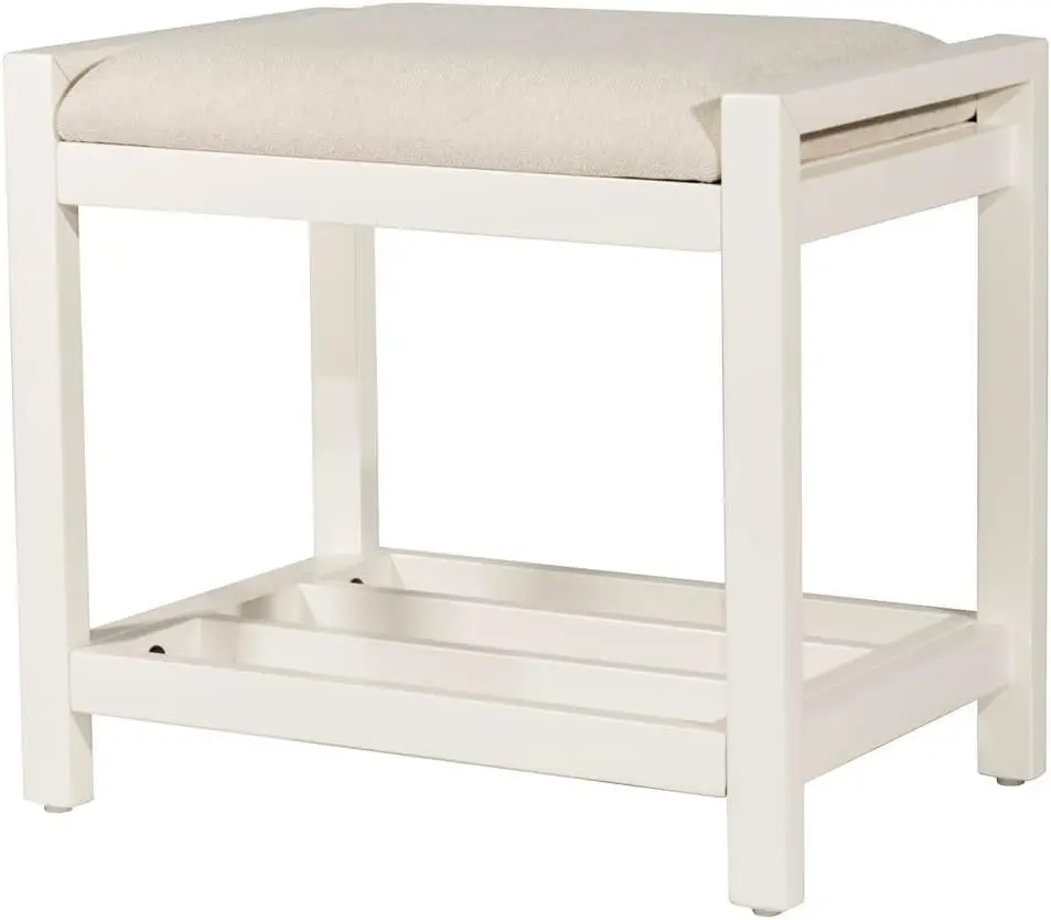White Vanity Stool with Shelf Storage, Backless Rectangular Design, Durable Polyester Fabric
