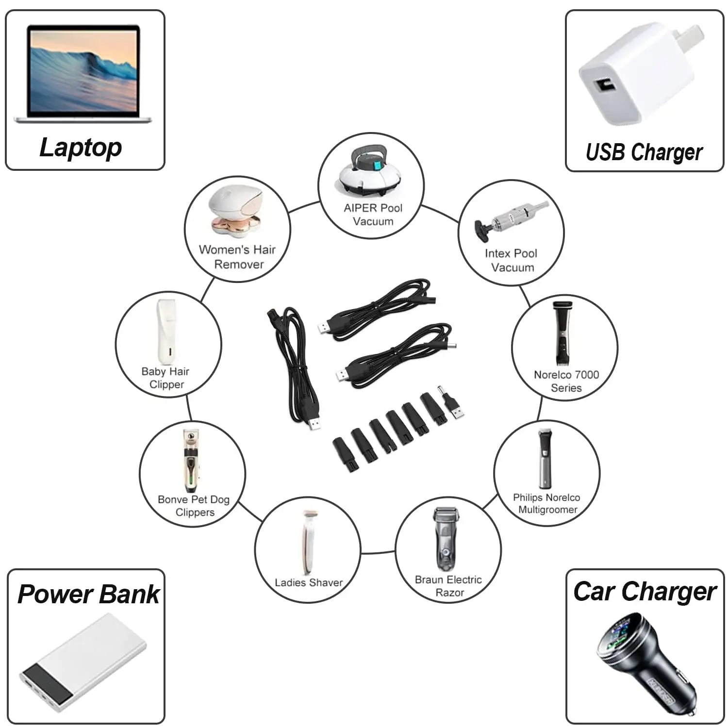 8in1 universa  Shaver Charger with15V and 4.3v Charging Cable Set for Philips Norelco HQ8505 One Blade A00390 Braun