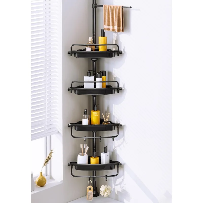 Corner Shower Caddy Tension Pole Quick Installation Stainless Steel Rustproof Organizer 4 Tier Adjustable Shelves for Bathtub