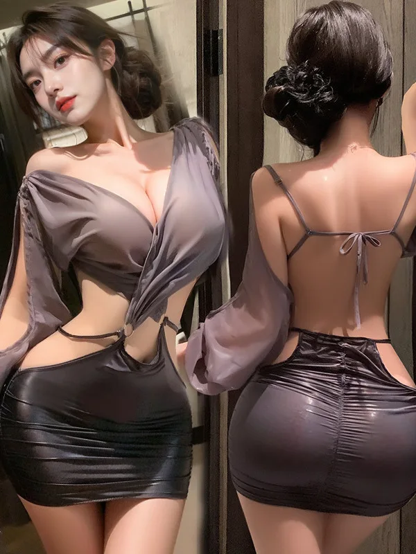 섹시한 브이넥 메쉬 레이스 쉬어 투명 사이드 오픈 웨이스트 여신 나이트클럽 비서 유니폼 원피스, 우아한 스위트 여성 상의, BTN7