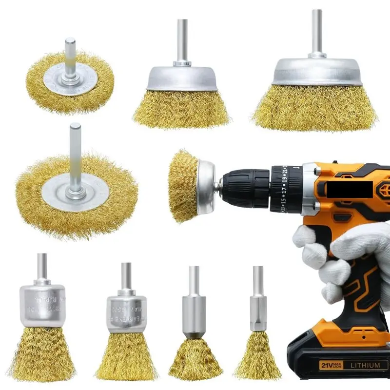 

A20F-Brass Wheel Cup Brush Set 8 Piece,Coarse Crimped Carbon Brass Wire Brush Set For Cleaning Rust,Corrosion,Paint