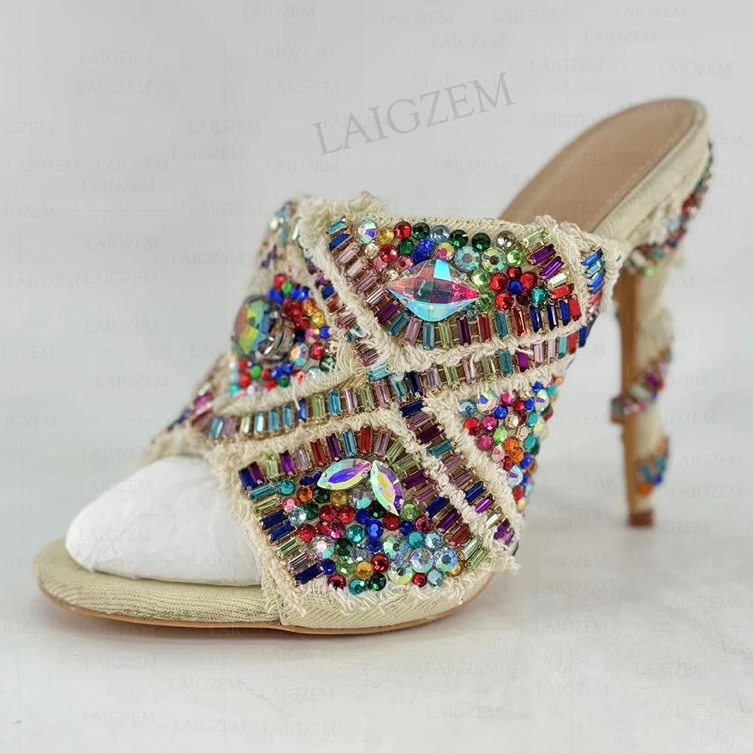 

SEIIHEM Celebrity Women Pumps Open Toe Multi Color Crystal Prom Thin High Heeled Mules Handmade Shoes Woman Big Size 35 38 41 43