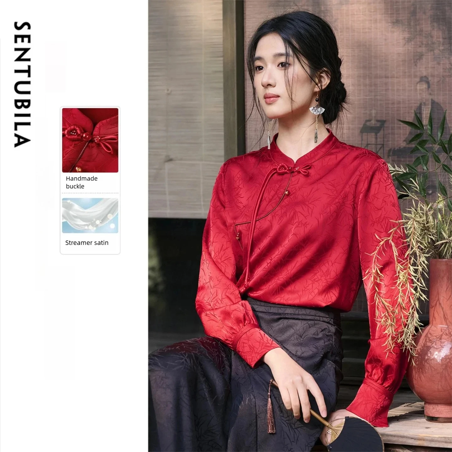 

SENTUBILA New Blouse for Women 2026 Elegant Bamboo Leaf Jacquard Chinese Knot Button Chiffon Shirt Spring Lady Tops 161VG4639