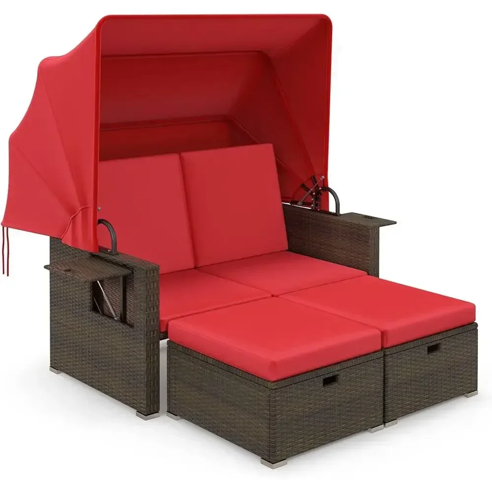 Outdoor Rattan Daybed with Retractable & 4-Position Adjustable Backrests, 2 olding Side Tables & 2 Storage Ottomans, Cushioned 2