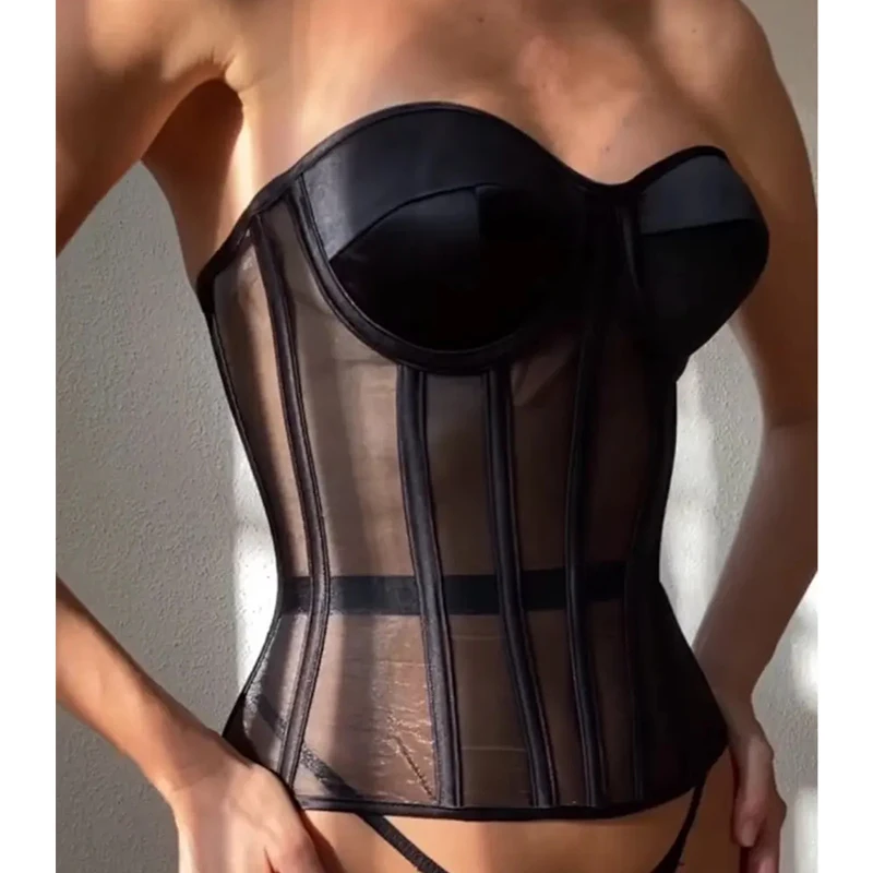 Steel Bone Women Waist Trainer Cincher Girdles Sexy Black Mesh Corset Goth Vintage Slim Body Belts Streetwear See Through Corset