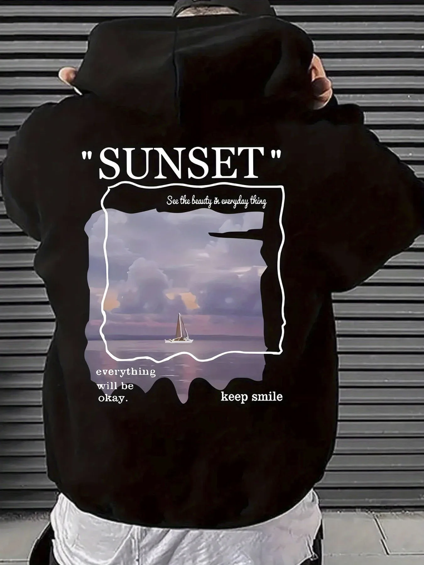 سترة بقلنسوة ثقيلة الوزن للرجال مع سترة بقلنسوة بنمط غروب الشمس باللون الأسود، تتميز بجيوب الكنغر وقبعة برباط #1