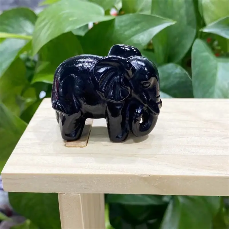 

4.3CM Natural Black Obsidian Elephant Carving Statue Animal Fashion Home Ornament Art Collectible Gift 1PCS