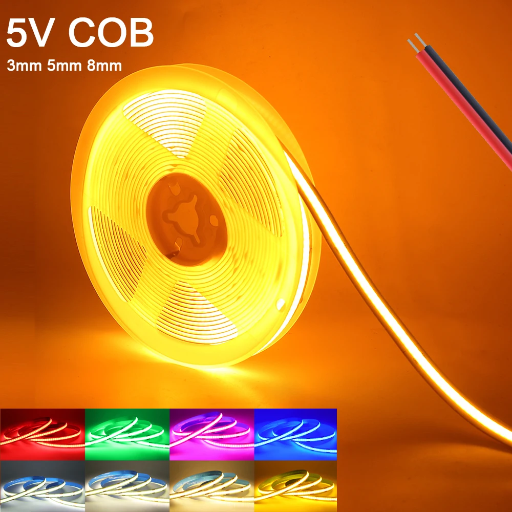 

3mm 5mm 8mm PCB COB LED Strip Light 5V 320LEDs/M RA90 Adhesive Tape Bright Red Green Pink Blue Warm Natural White Room Lighting