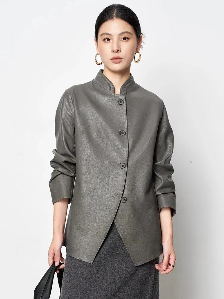 

Vintage Genuine Leather Jackets for Women Spring Autumn High-end Simple Stand Collar Deer Texture Real Goatskin Leather Coat