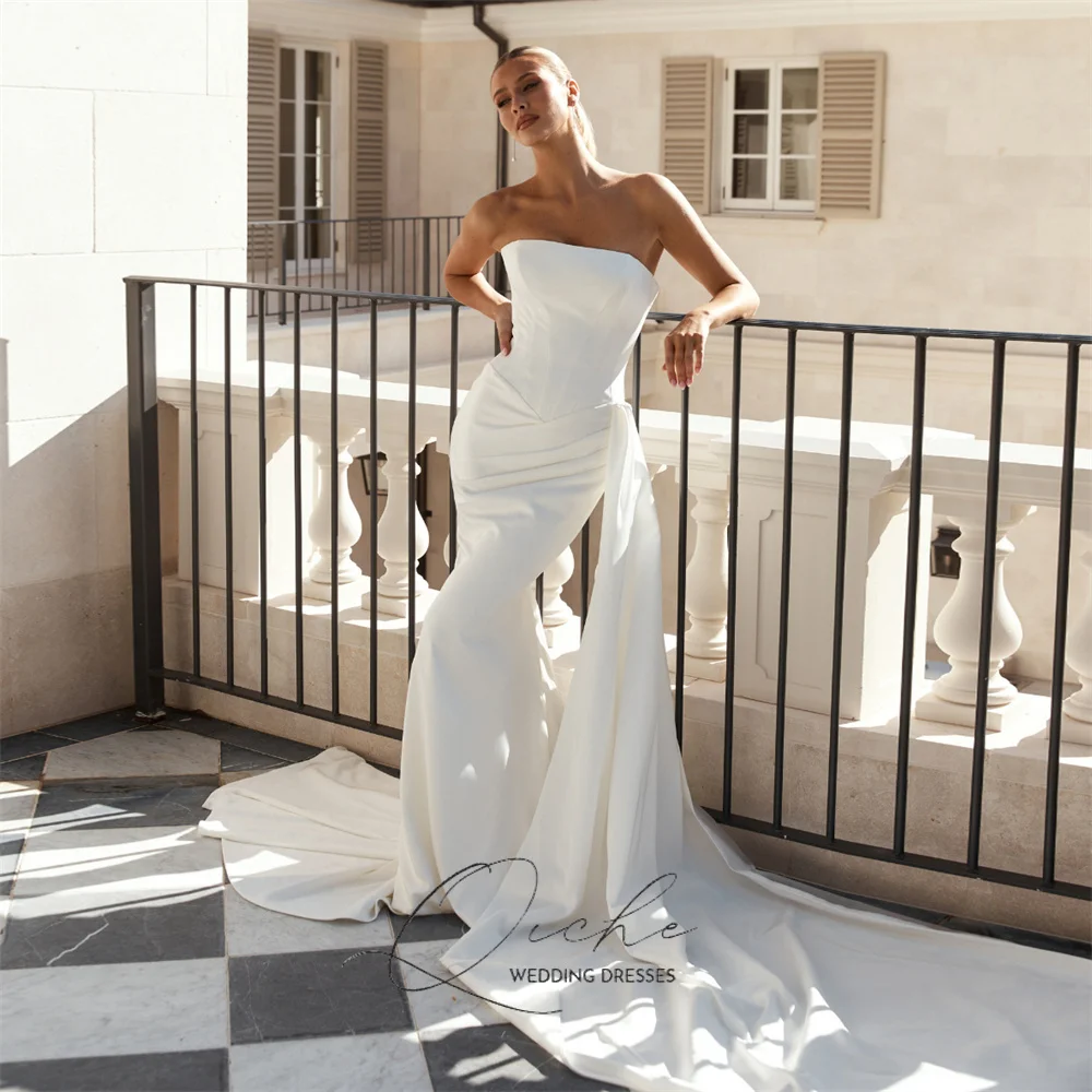 QICHE Modern Strapless Mermaid Wedding Dress Women 2026 Pleat Sleeveless Lace-up Open Back Sweep Train Bridal Gown Customized