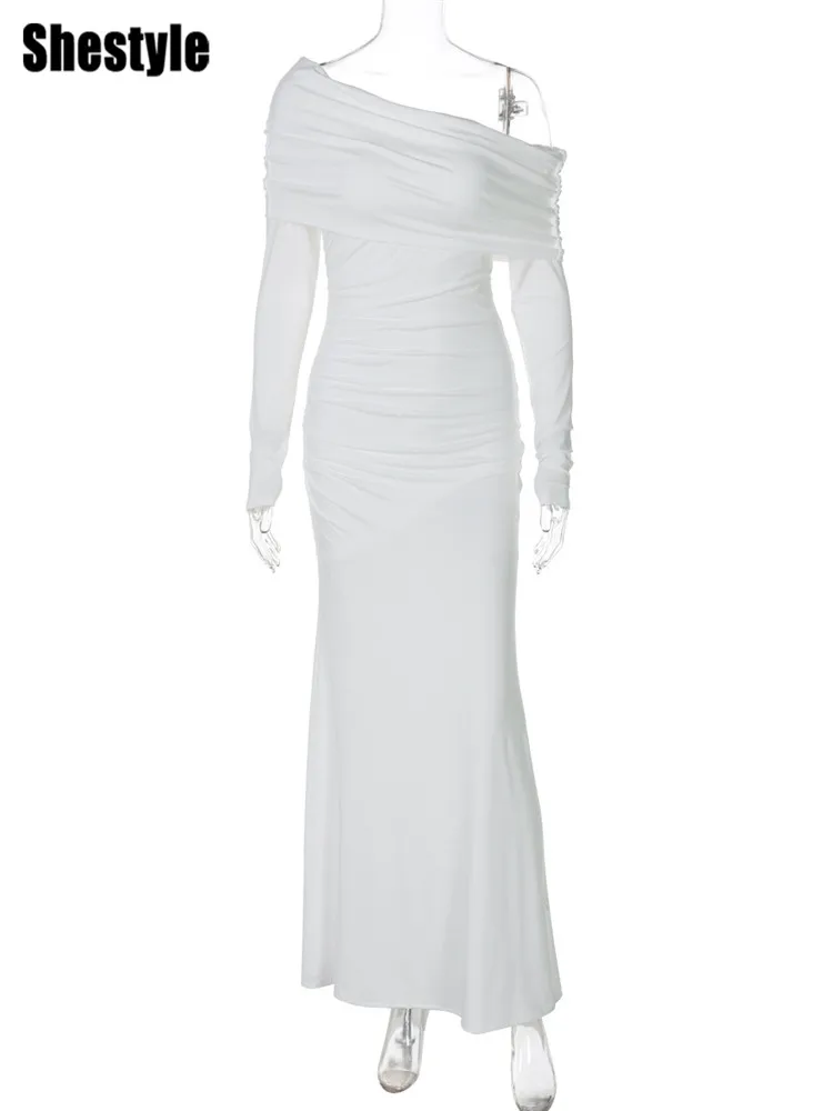 Shestyle الأبيض قبالة الكتف البوق فستان طويل المرأة الصلبة أنيقة نعمة مائل الرقبة التداخل Bodycon تاريخ الملابس 2025 جديد