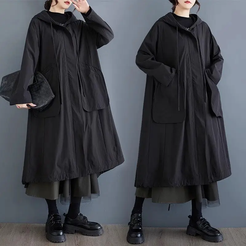 

2025 Spring And Autumn Dark Large Pocket Patch Hooded Windbreaker Coat Fashionable And Versatile Large Size Long Jacket a486