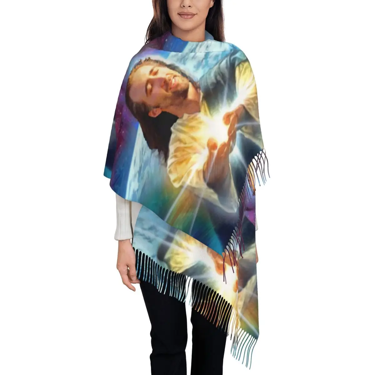 

Шаль в клетке Иисуса для женщин, теплый большой длинный шарф, Николас Кейдж, забавные шарфы с кисточками из пашмины и мема