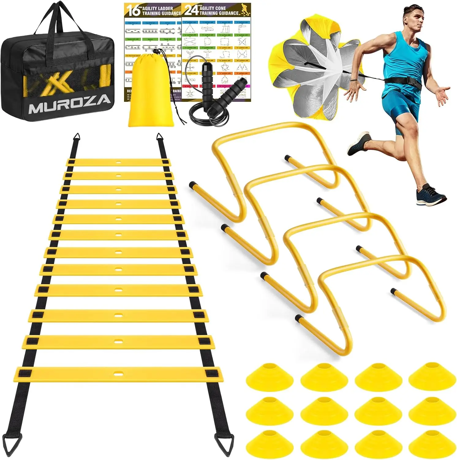 

20ft Agility Speed Training Ladder Set with Cones, Hurdles, Jump Rope & Parachute for Soccer Football Basketball
