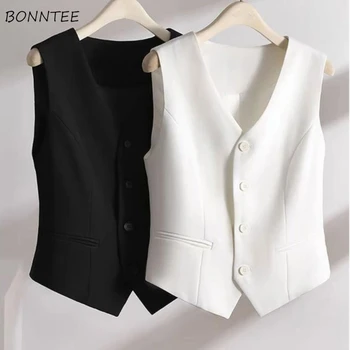 Suit Vests Women Simple Single Breasted V-neck Sleeveless Coats Daily Outwear Aesthetic Korean Style Slim All-match Trendy New