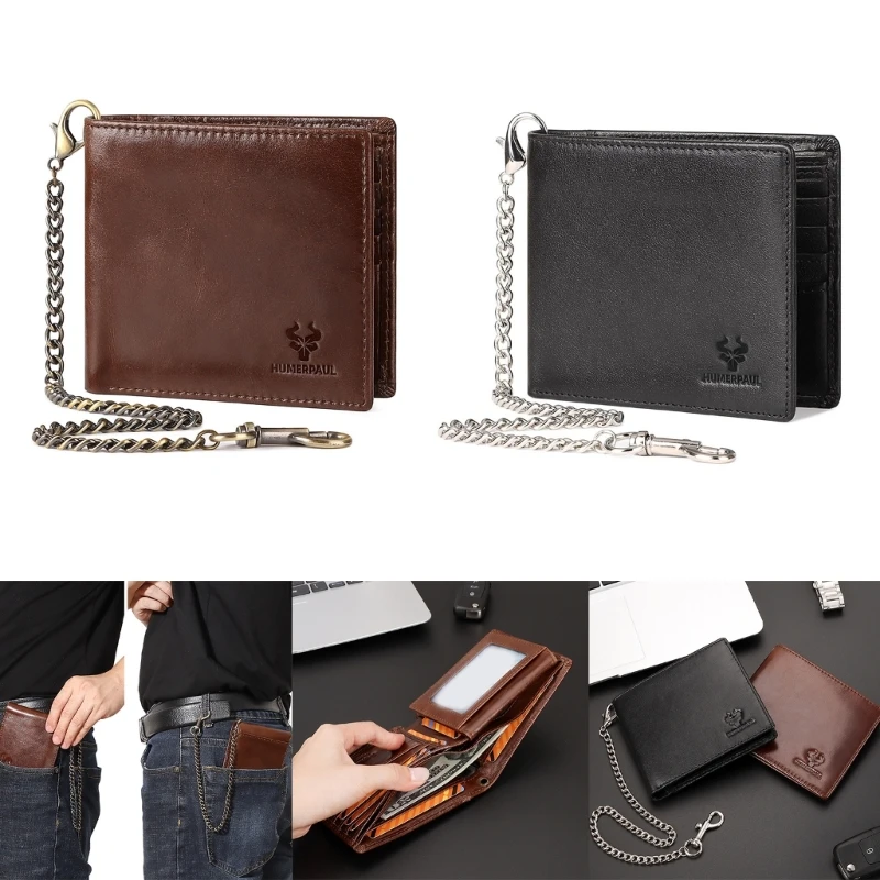 

Men Retro Genuine Leather Short Wallet with Anti-theft Chain Male RFID Blocking Credit Card Holder Bifold Wallet Business Gift