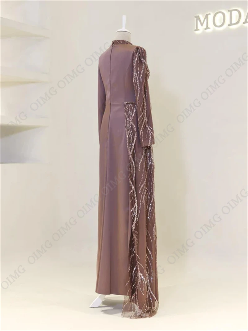 OIMG Modest Dubai Satin Prom Gowns Sequined Long Sleeves Evening Dresses Saudi Arabic Women Party Dresses Custom Occasion Dress