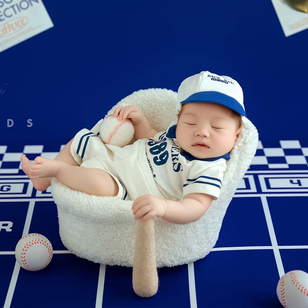 Newborn Boy Photoshoot Outfits Baseball Themes Sportswear Hat 3pcs/Set Felt Baseball Stick Vintage Poster Baby Photography Props