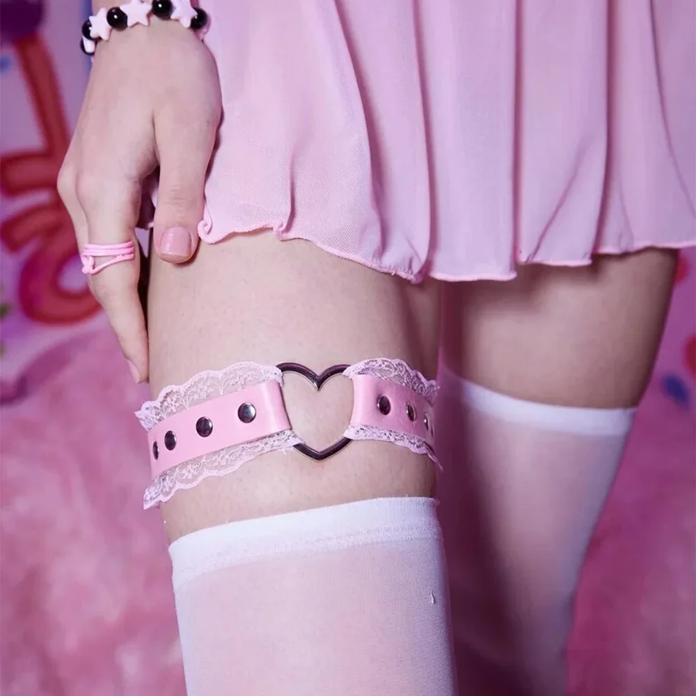 1 buah Kawaii dekorasi hati wanita sabuk Garter renda kontras dekorasi hati Anime Garter paha sabuk Garter gaya manis untuk wanita