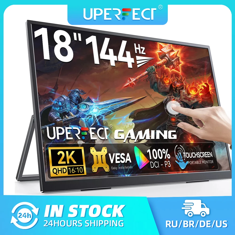 شاشة ألعاب محمولة UPERFECT مقاس 18 بوصة بدقة 2.5K ومعدل تحديث 144 هرتز مع VESA وحامل وشاشة FreeSync IPS HDR للسفر لهاتف SAMSUNG DEX وXiaomi وHuawei