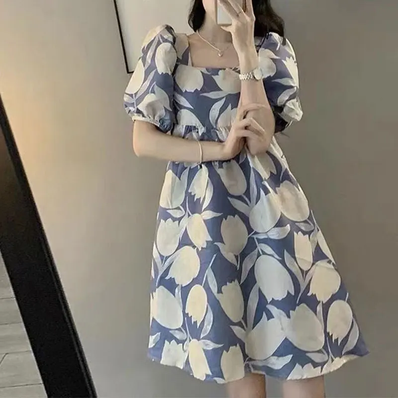 

Elegant Fashion Harajuku Slim Fit Female Clothes Loose Casual All Match A-line Skirt Printed Square Neck Short Sleeve Dresses