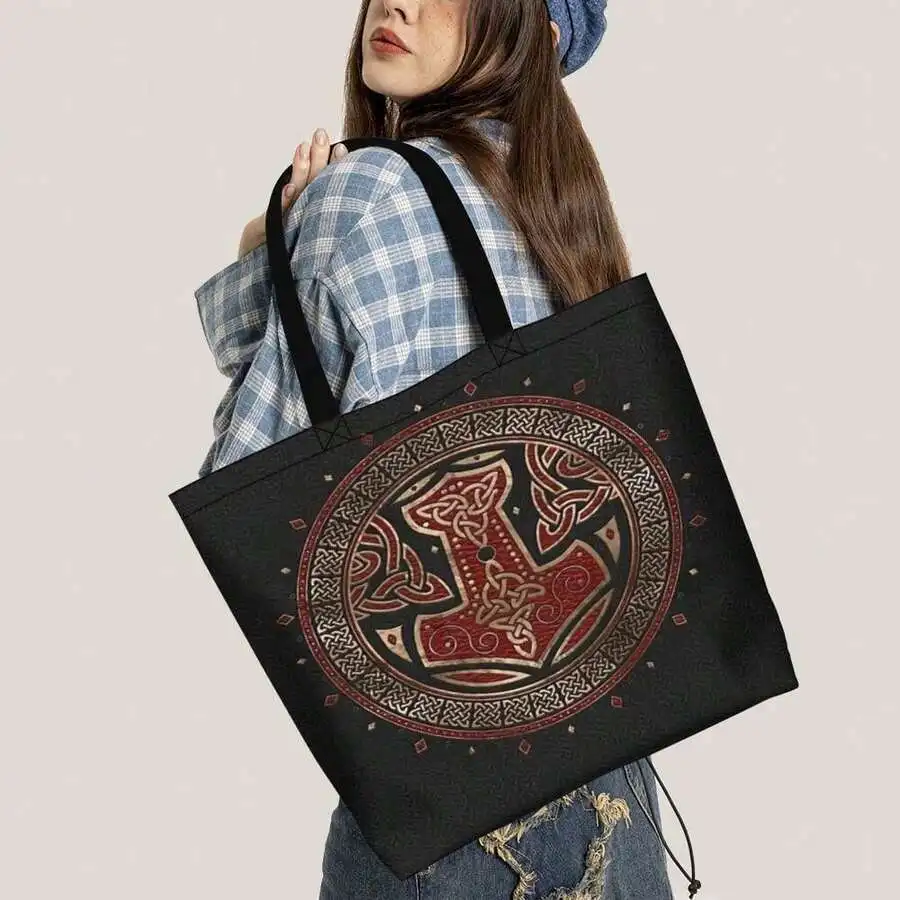 Bolso de mano Vikingo con nudo celta y martillo de Thor Mjolnir, bolso de mano de lona de algodón con gráfico de mitología nórdica para adultos