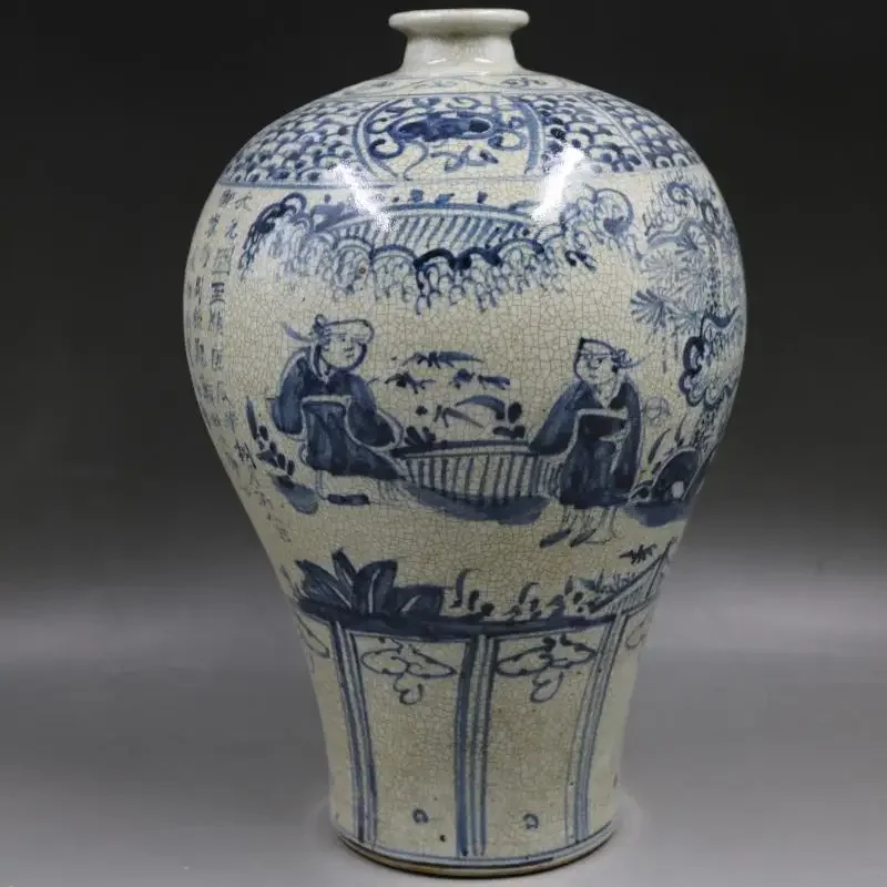 

Yuan Blue and White Character Story Plum Vase Antique Porcelain Home Retro Decoration Ornaments Antique Collection