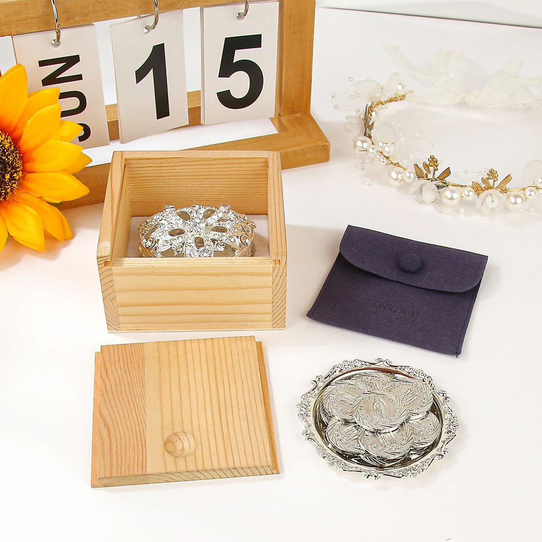 guadalupe-wedding-arras-coins-set-with-crystal-flower-heart-box-slide-wooden-box-and-round-tray
