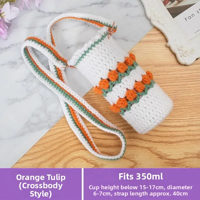 Handmade Crochet Thermal Cup Cover Universal Glass Water Bottle Protector Sleeve Crossbody Baby Carrier Adorable Yarn Cup Holder