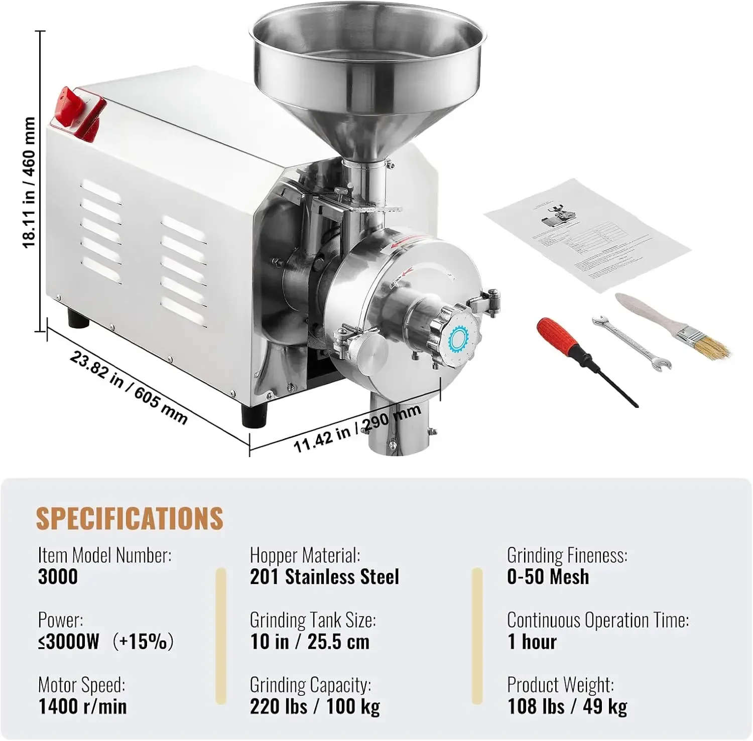 Soybean Grinder Commercial Grinding Machine for Spices 3000W Corn Mill Grinder 100 KG/H Stainless Steel Corn Grinder Industrial