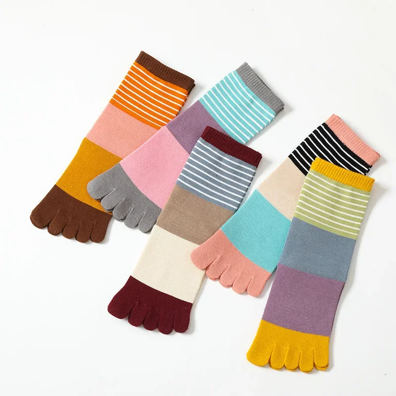 1 Pairs Women Cotton Five Finger Socks Colorful Stripes Split Toe Sports Socks kawaii Harajuku High Tube Five-Toe Split Toe Sock