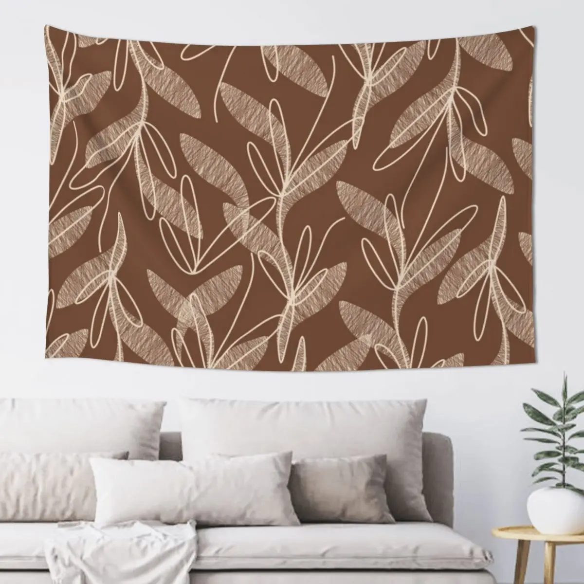 Etched Leaves Floral Botanical Pattern in Chocolate Brown and Cream Tapestry Wall Decoration Items Hanging Wall Tapestry