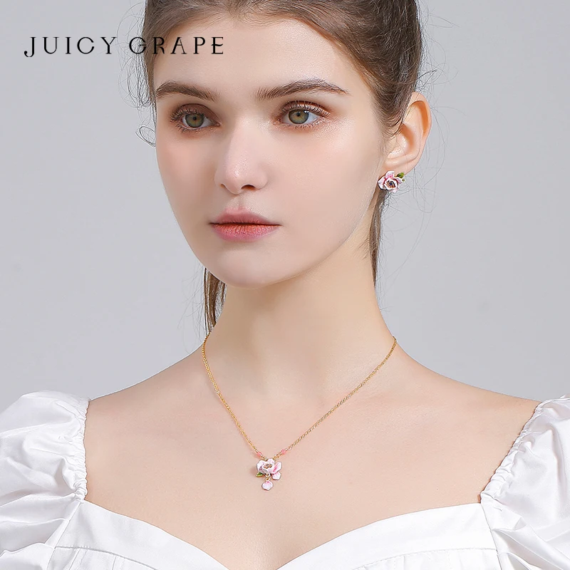 Juicy Grape Pink Rose Necklace 18K Gold Plated Enamel Floral Jewelry, friendship gifts for women gold floral necklace