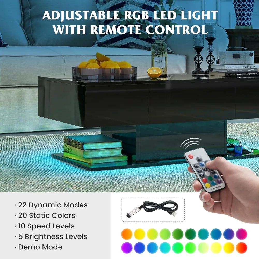 LED Coffee Table with 2 Drawers, High Glossy Modern Center Table, 20-Color Dimmable LED Lights & Remote Control, 2-Tier Rectang