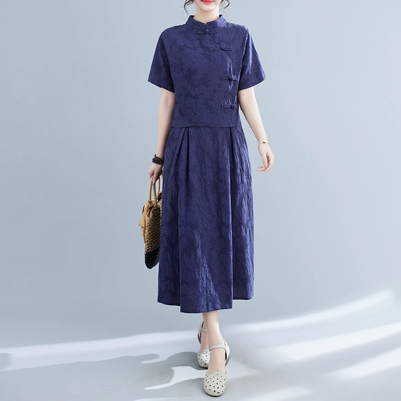 Faionable Cotton Linen Embroidered Button Stand Collar Tang Suit Top High Waist  Skirt National Sle Two Piece Set Summer