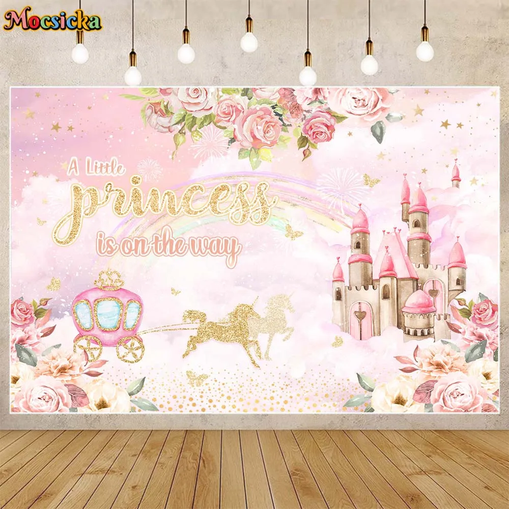 

Mocsicka A Little Princess Baby Shower Backdrop Pink Castle Flower Girl Welcome Party Background Decor Newborn Photography Props